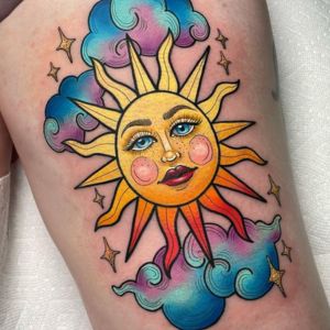 glitter colorful sun tattoo