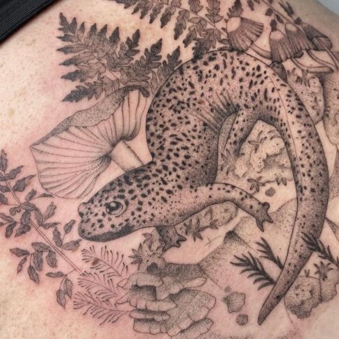 mushroom and snow leopard gecko tattoo