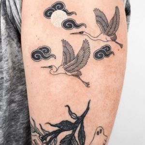 birds white ink over black tattoo